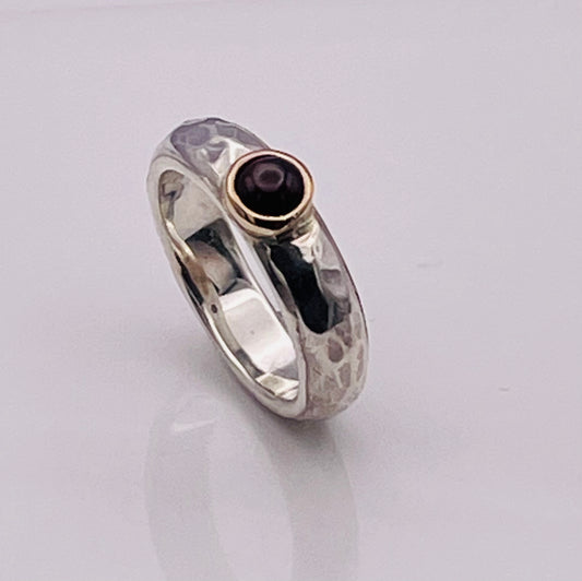 Cabochon Garnet, silver and gold ring