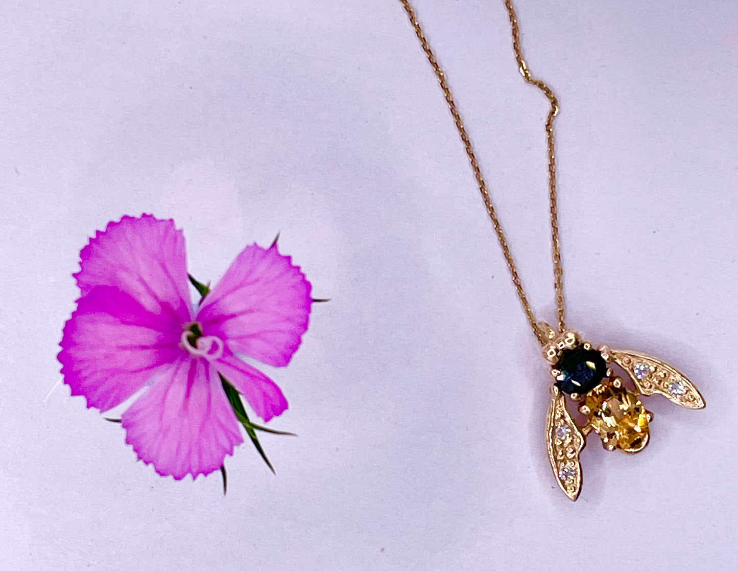 Sapphire and Golden Citrine 9 carat yellow gold Bee pendant