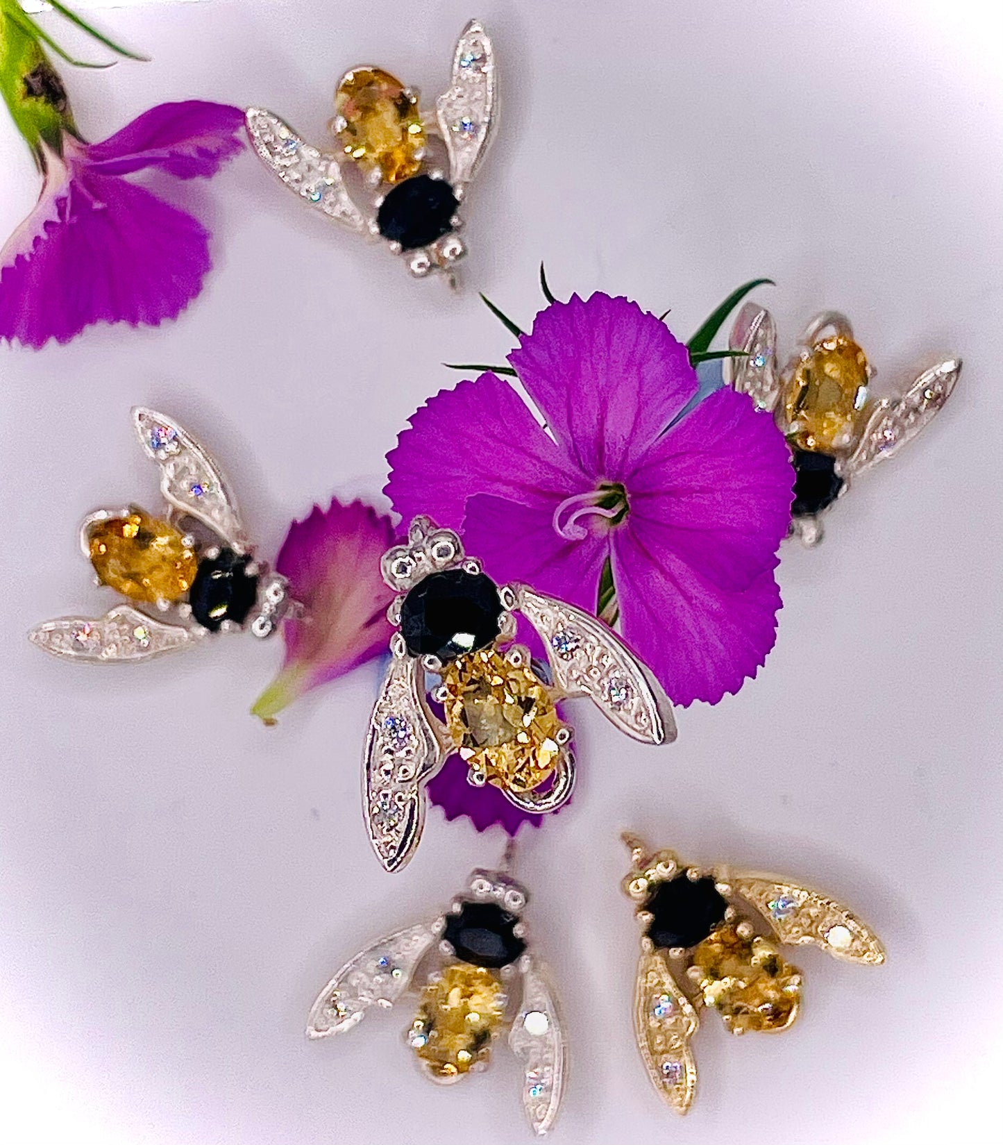 Golden Citrine and sapphire, sterling silver Bee