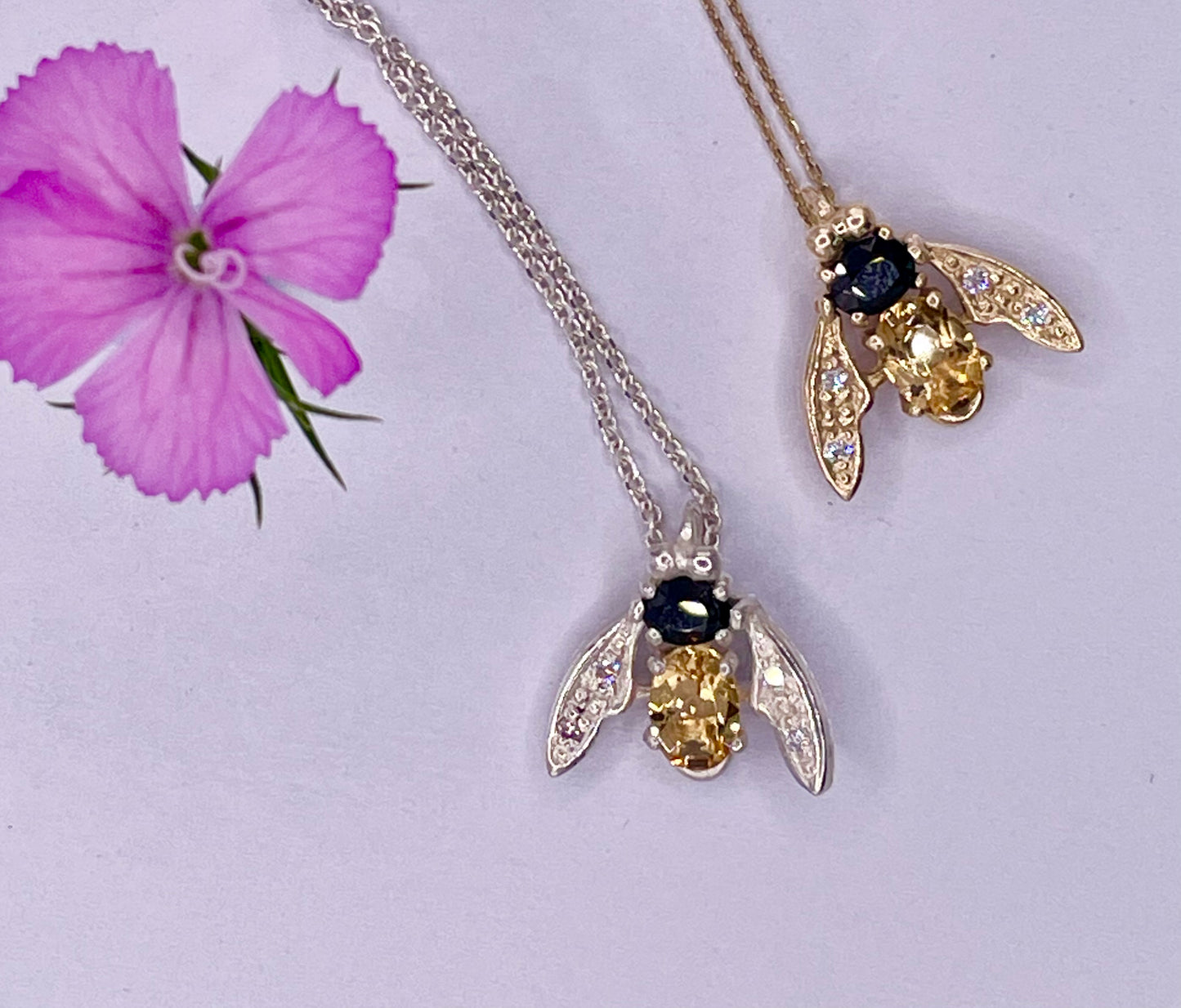 Golden Citrine and sapphire, sterling silver Bee