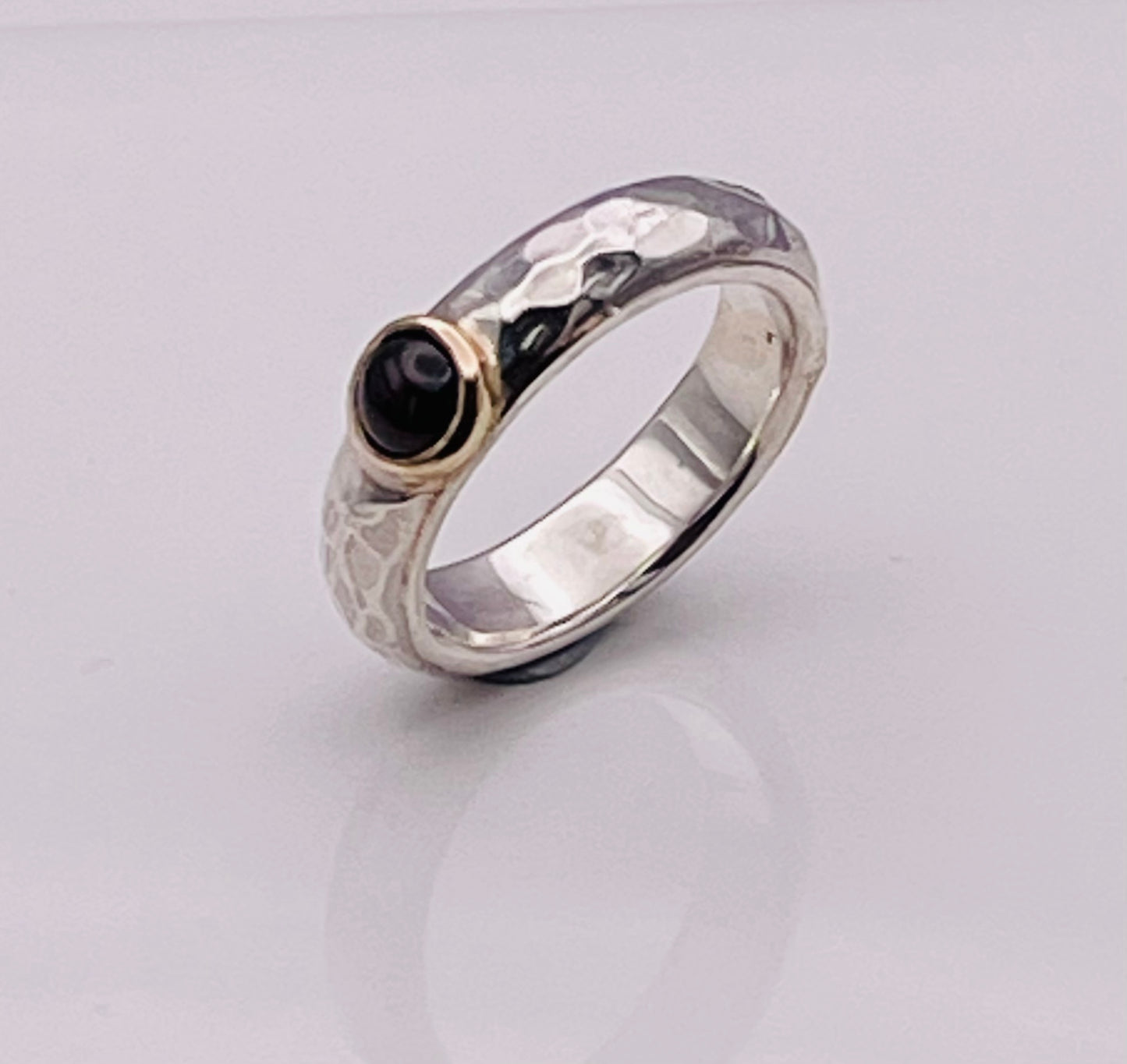 Cabochon Garnet, silver and gold ring