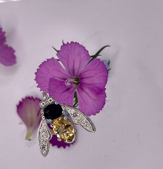 Golden Citrine and sapphire, sterling silver Bee