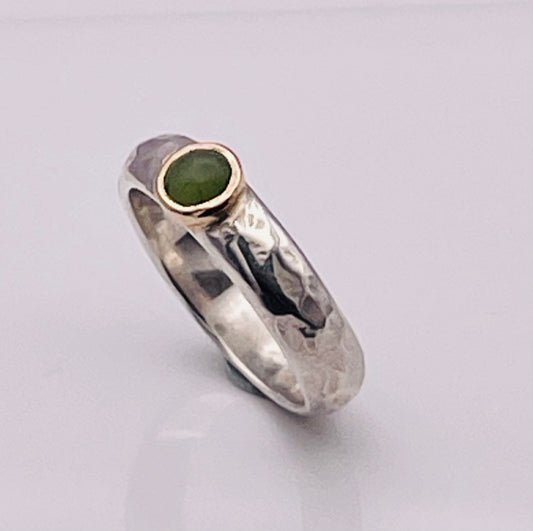 Cabochon Spotted Jade, silver and gold ring