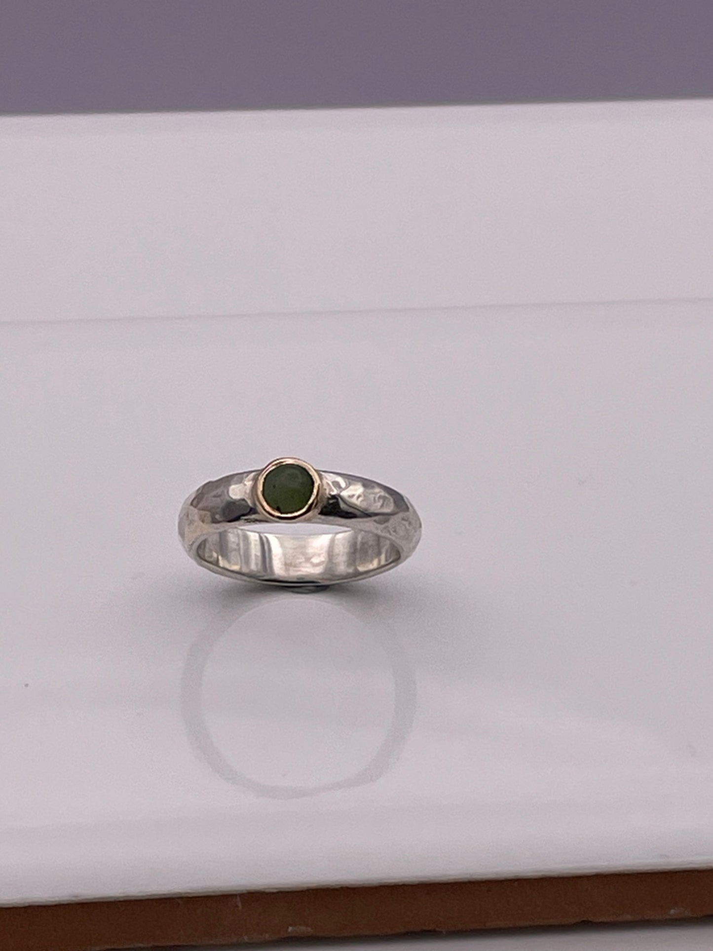 Cabochon Spotted Jade, silver and gold ring